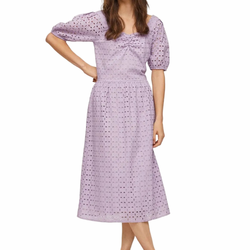 Mango Lilac Eyelet Midi Dress with Puff Sleeves sz small